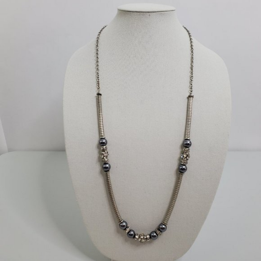 VCLM Necklace Gray‎ Faux Pearl Silver Tone Chain Lo
